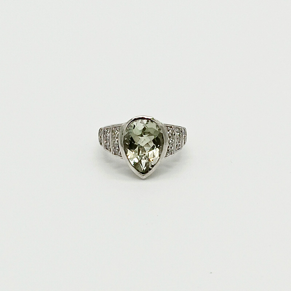 Prasiolite & White Zircon Platinum Plated Sterling Silver Ring Size 7